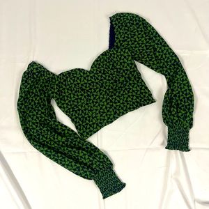 Blue and Green Sweetheart Balloon Sleeves Crop Top